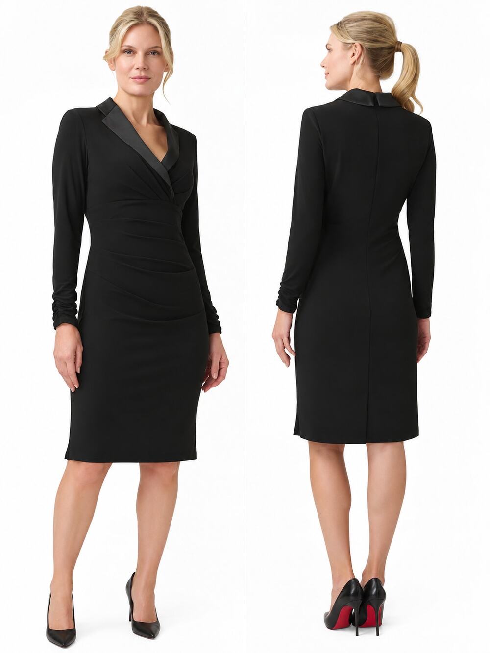 Adrianna Papell Jersey Tuxedo Dress Satin Collar Long Sleeve Ruched Midi Black
